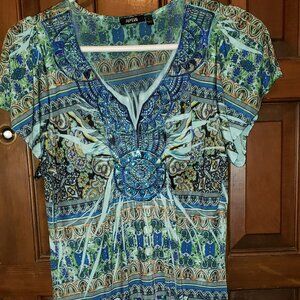 Polyester/spandex ladies' dress sz. Large; cap sleeves;gently used; aqua beading